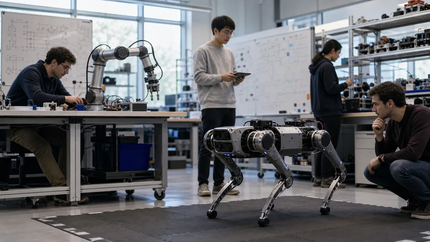 Caltech robotics lab with researchers testing a quadruped robot